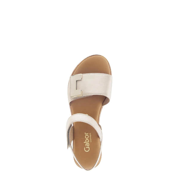 Beige leather touch fastening ladies sandals with wide strap, metal buckle detail, and cushioned insole.