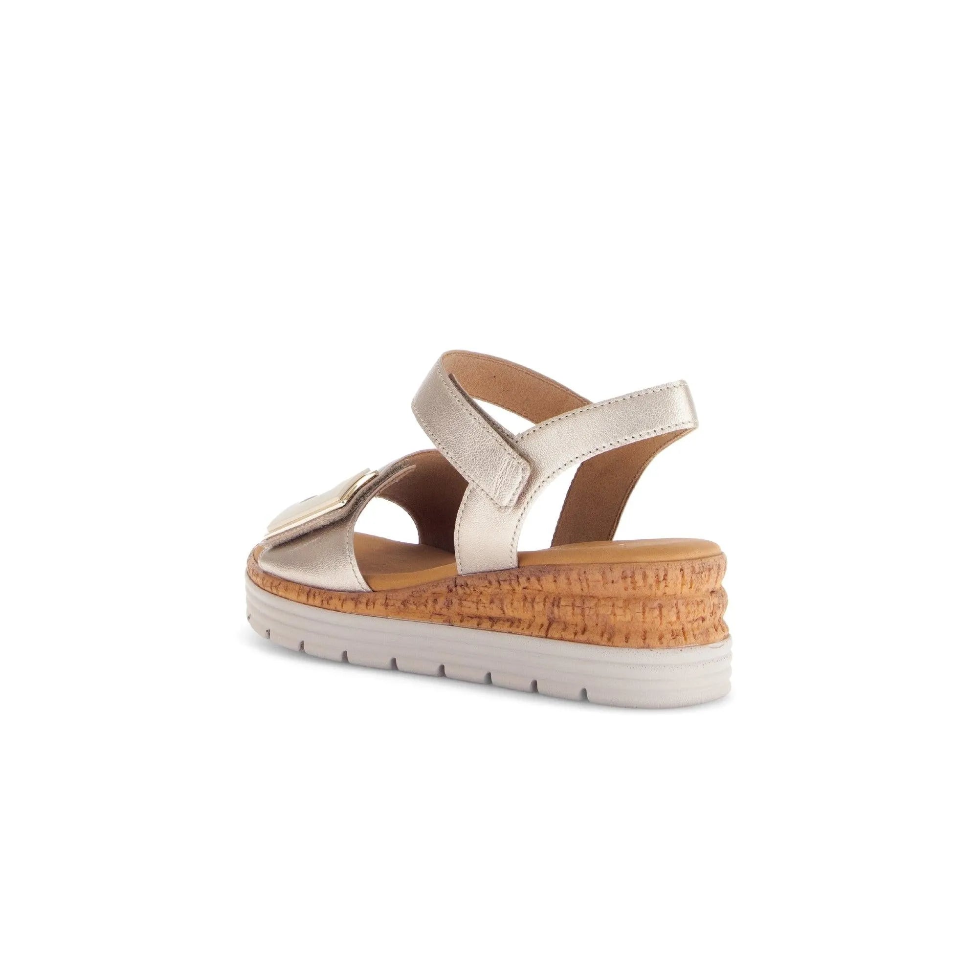 Gabor 82.700.82 beige leather ladies sandal with touch fastening straps, cushioned sole, and chunky rubber and cork wedge heel.