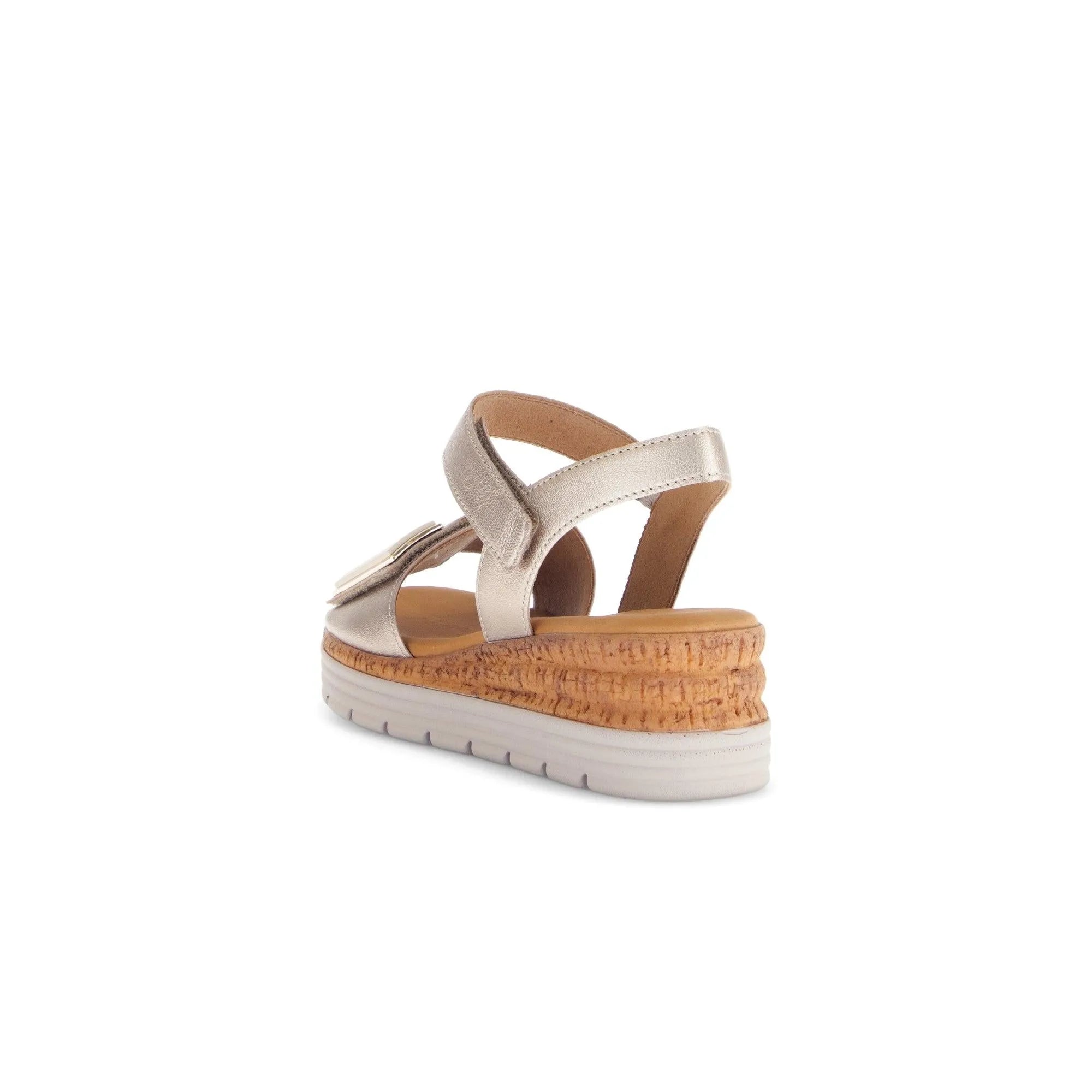 Beige leather touch fastening sandal with a cork wedge sole and a white rubber outsole, styled for ladies.