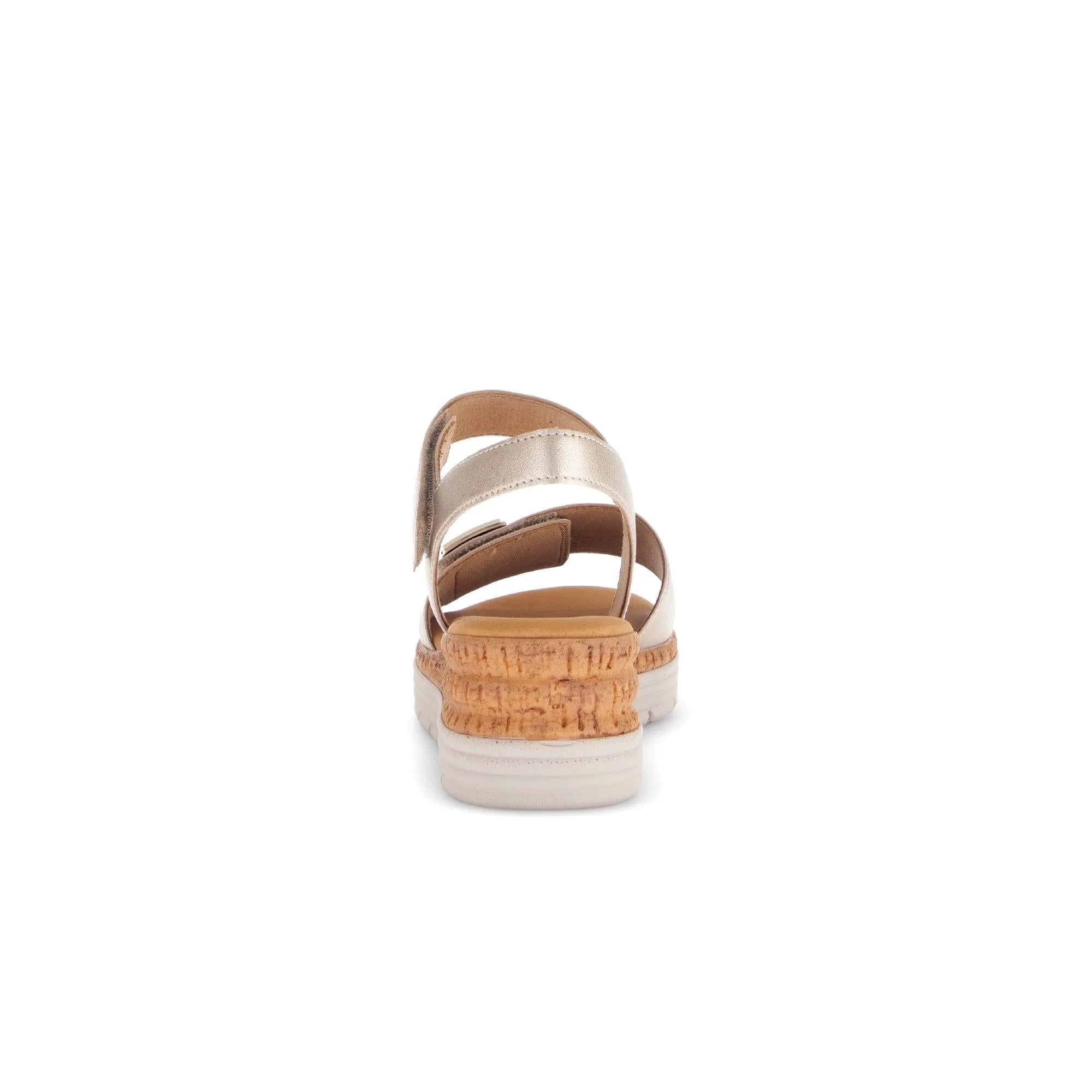 Beige leather sandals featuring touch fastening, open heel, and a stylish cork-effect midsole.