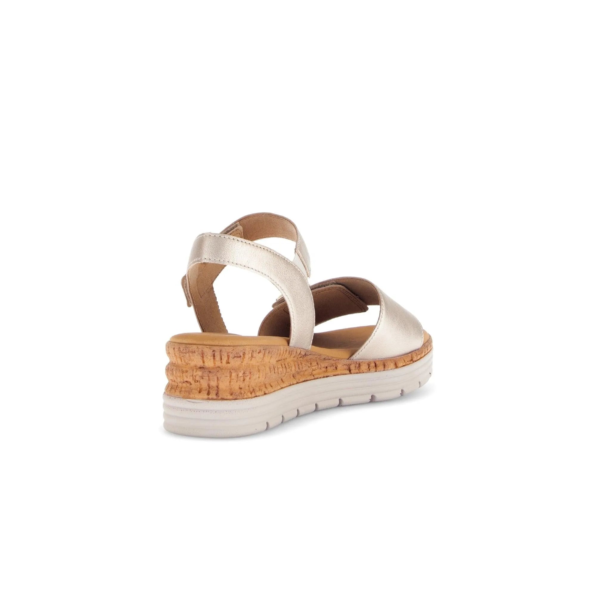 Beige leather touch fastening sandals with a cork wedge sole and adjustable straps for comfort and style.