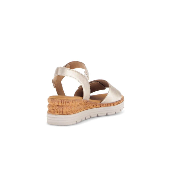 Beige leather touch fastening sandals with a cork wedge sole and adjustable straps for comfort and style.