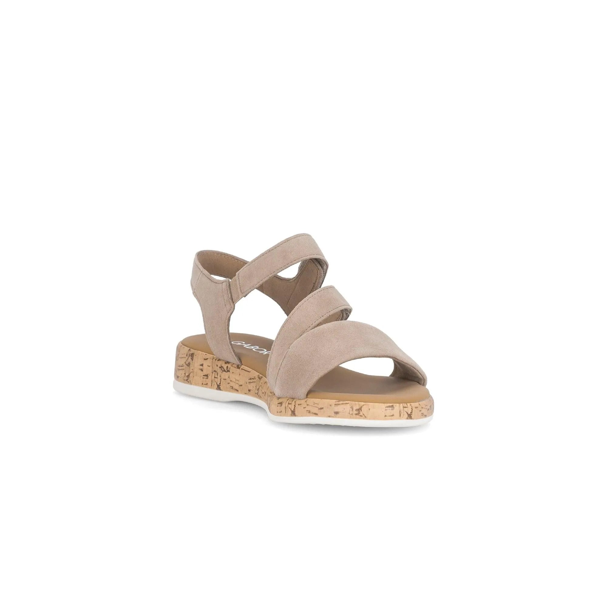 Gabor Oporto ladies sandals in beige leather with touch fastening and cork sole, stylish and comfortable summer footwear.