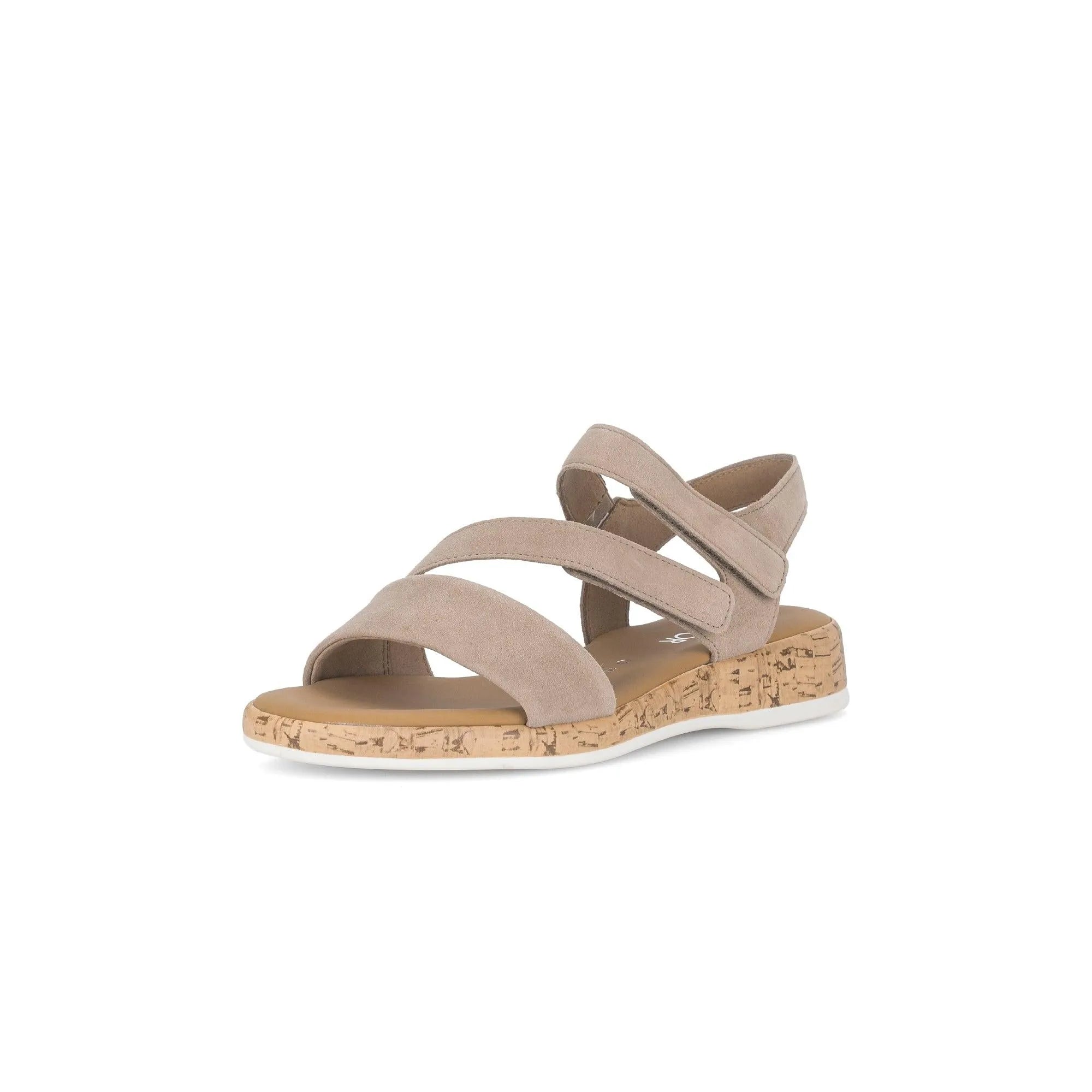 Gabor Oporto Ladies Sandals in beige leather-touch with fastening straps and cork wedge sole.