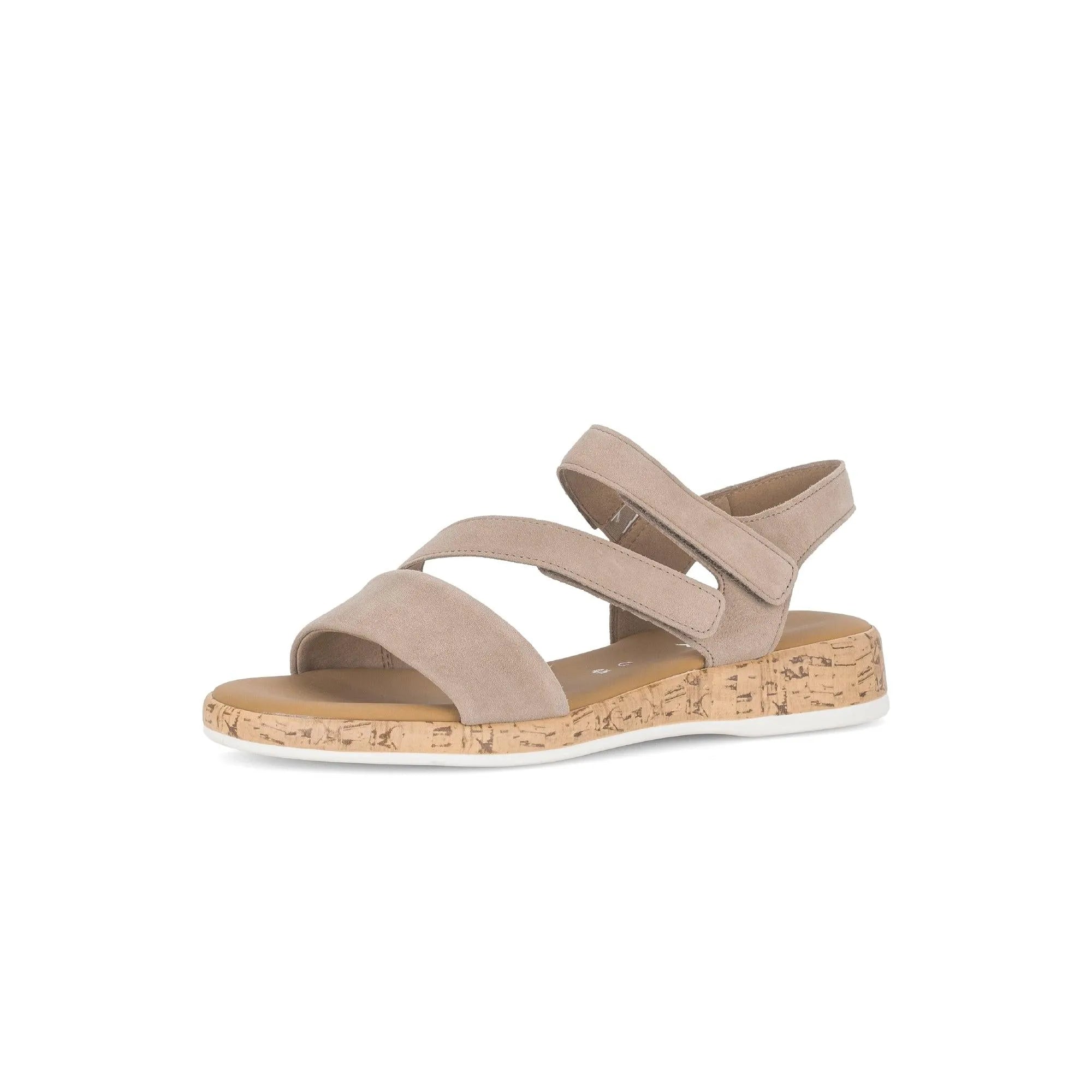 Gabor Oporto Ladies Sandals in beige leather touch fastening with cork-effect sole and comfortable open-toe design.