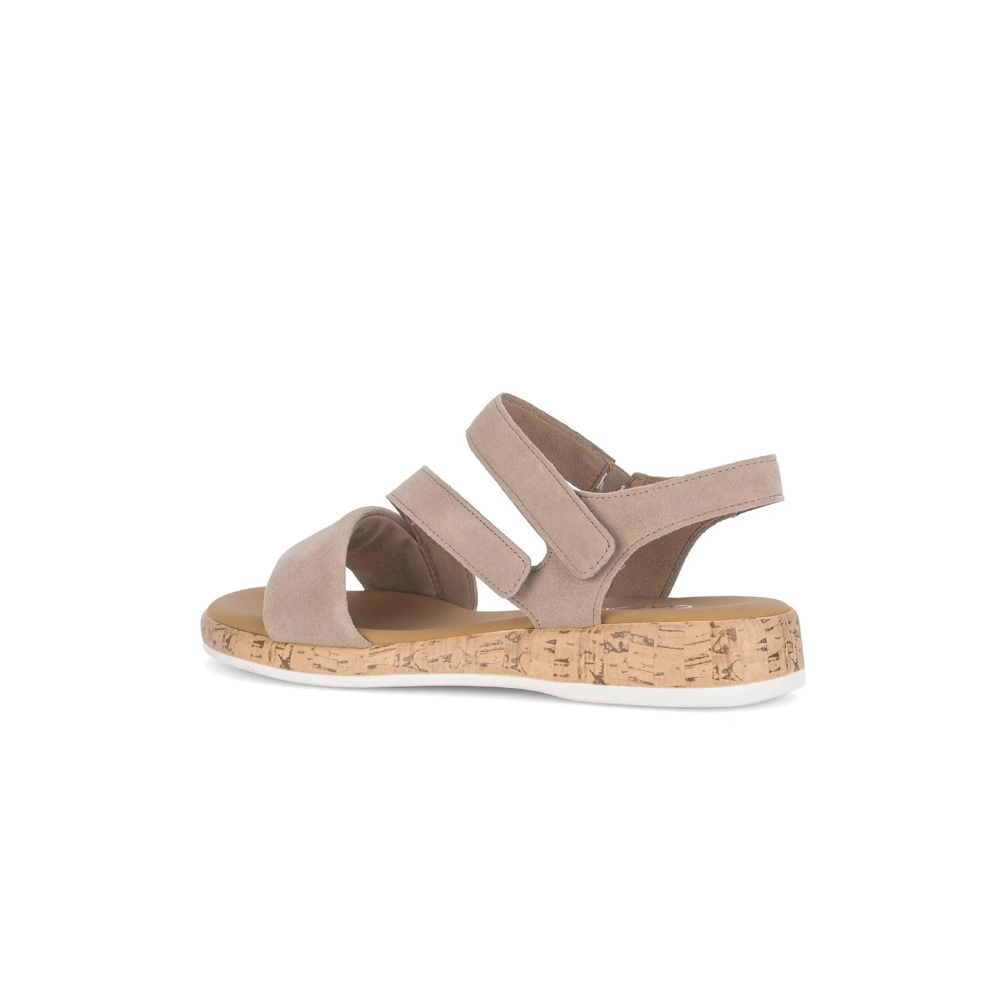 Gabor Oporto women's beige leather touch fastening sandals with cork sole and strappy design.