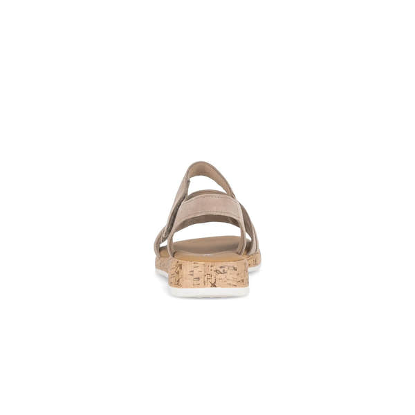 Gabor Oporto ladies sandal in beige leather with touch fastening and cork wedge sole.