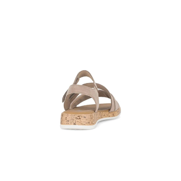Gabor Oporto women's beige leather touch fastenings sandals with cork platform and white sole.