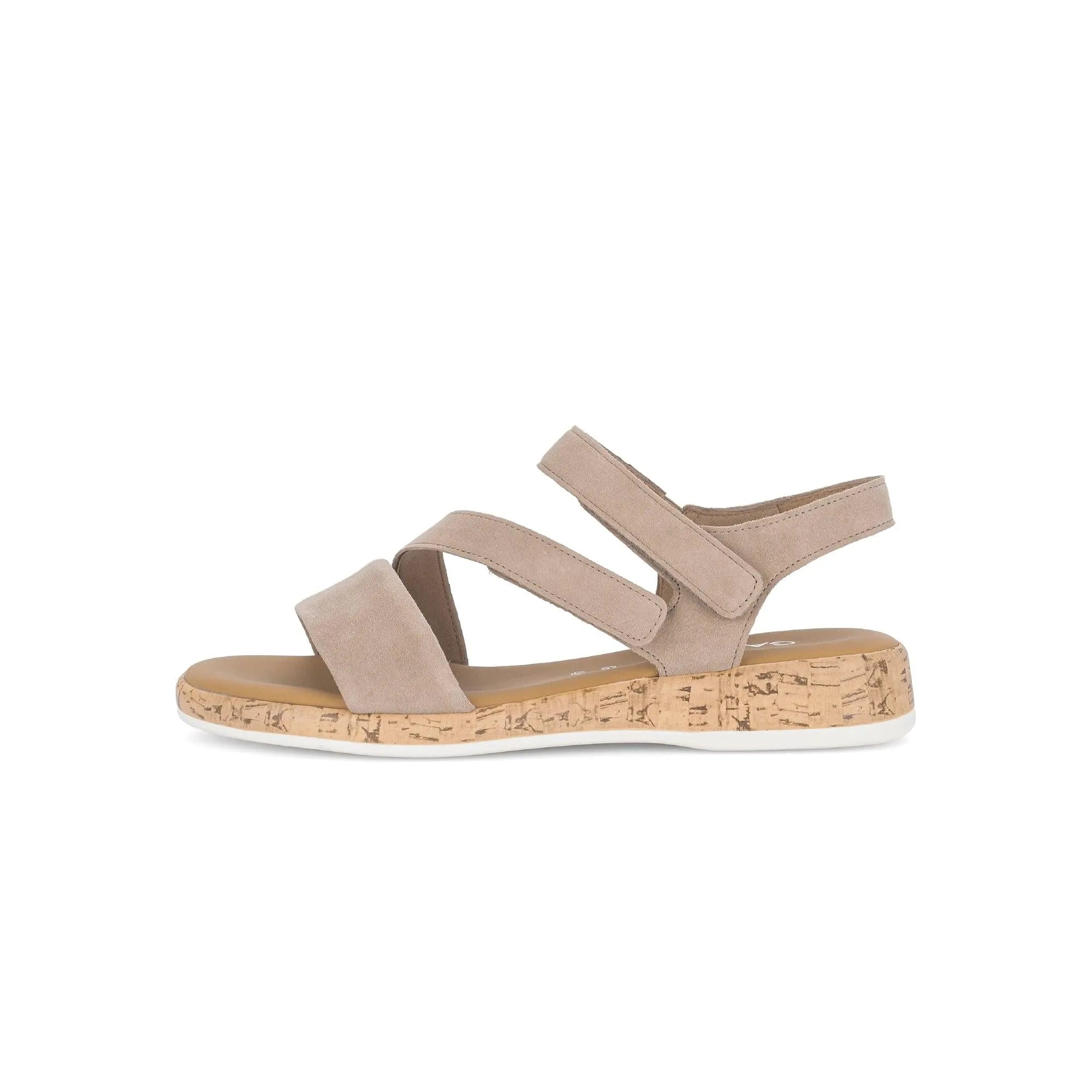 Gabor Oporto Ladies Sandals in beige leather, touch fastening straps, cushioned cork sole, stylish and comfortable for summer wear.