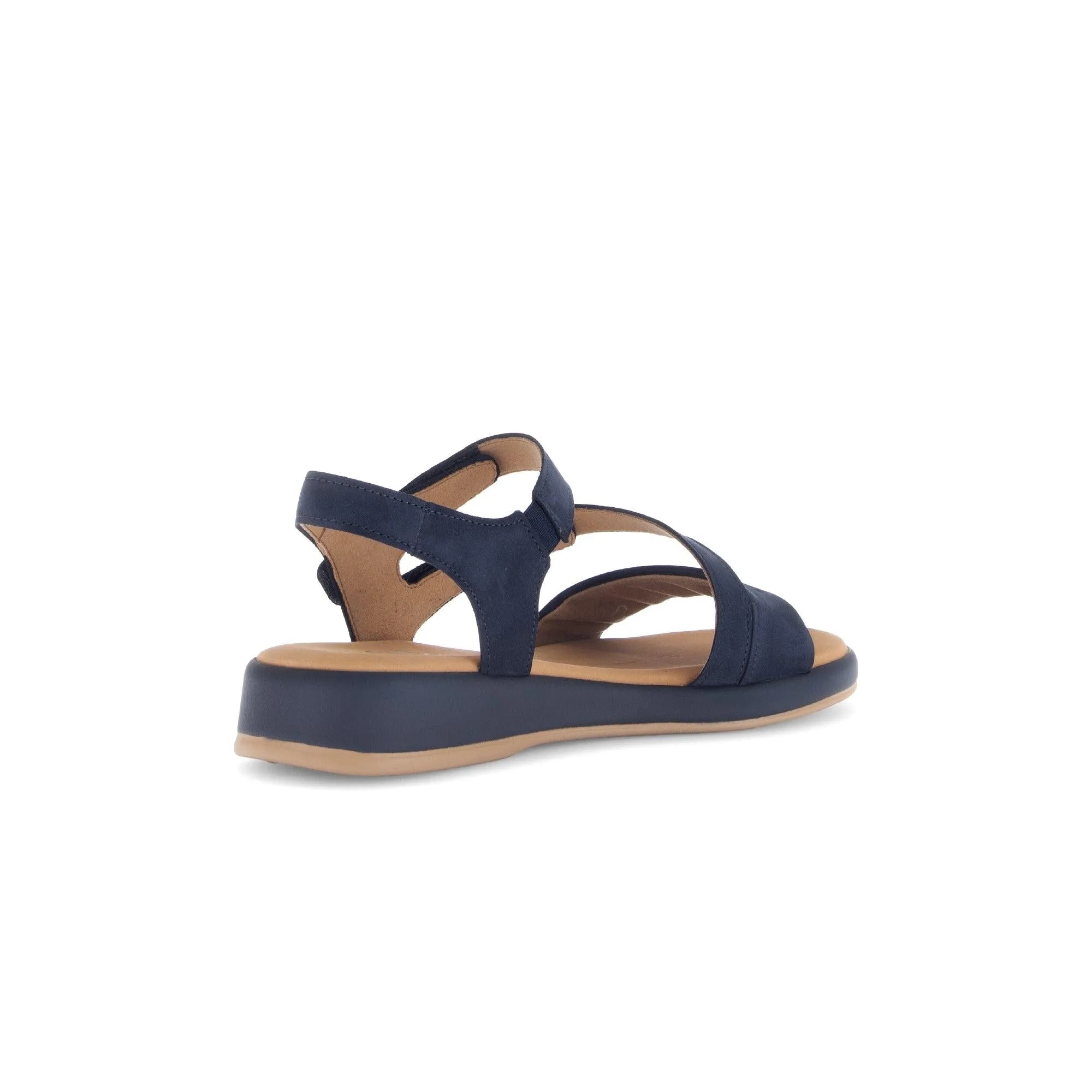 Gabor Oporto ladies' sandals with blue nubuck straps, touch fastening, cushioned beige insole, and black platform sole.