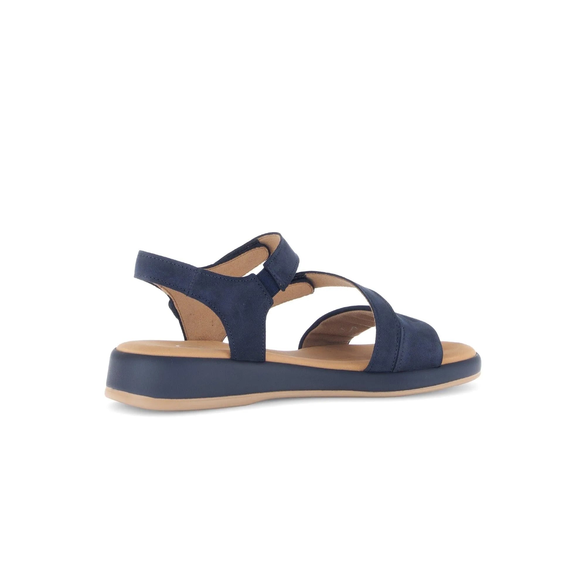 Blue nubuck sandals with touch fastening, featuring stylish cross straps and a comfortable flat sole.