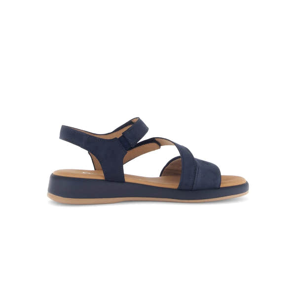 Gabor 82.733.36 Oporto ladies’ blue nubuck touch fastening sandals with padded sole and ankle strap.