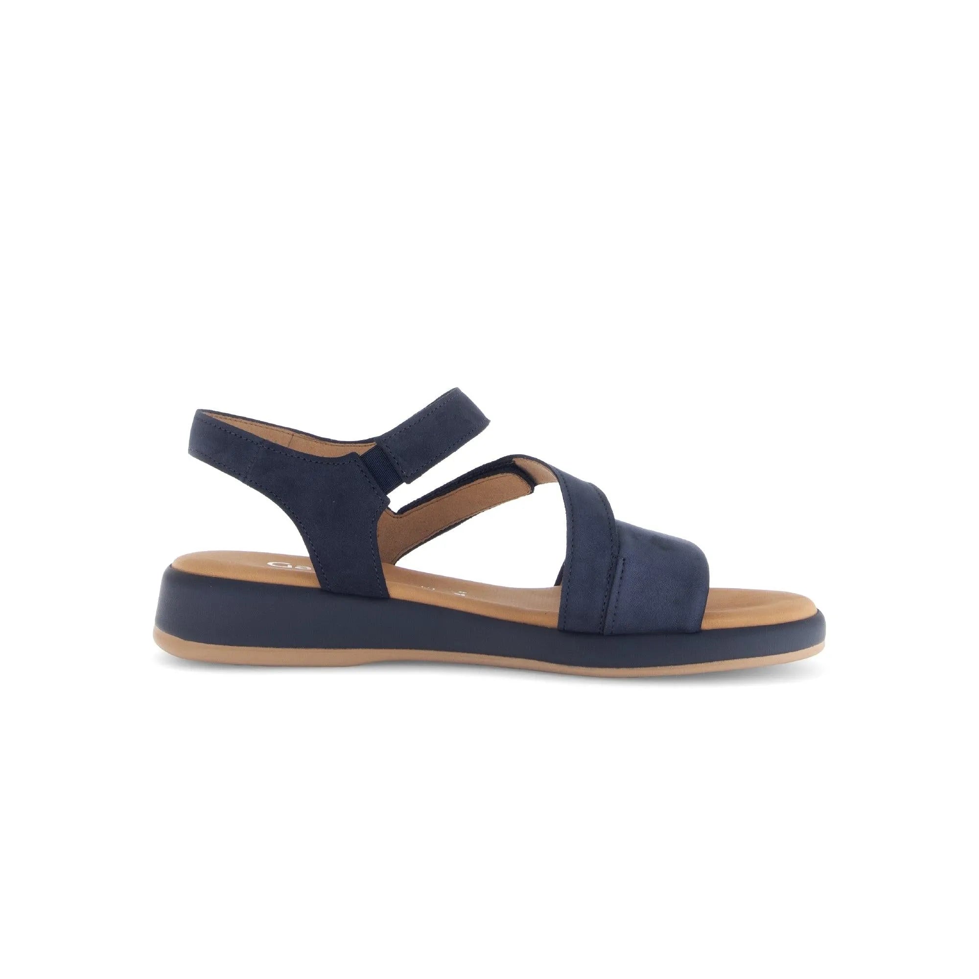 Blue nubuck sandals with touch fastening, stylish cross straps, and a comfortable midsole. Perfect for warm weather outings.
