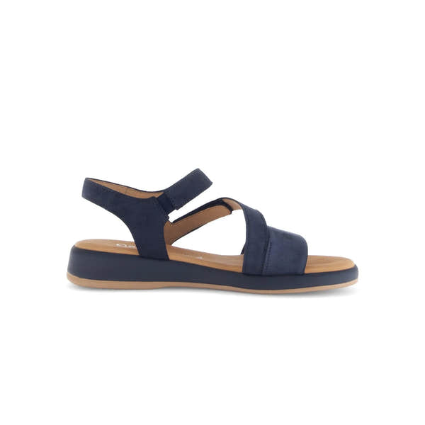Blue nubuck sandals with touch fastening, stylish cross straps, and a comfortable midsole. Perfect for warm weather outings.