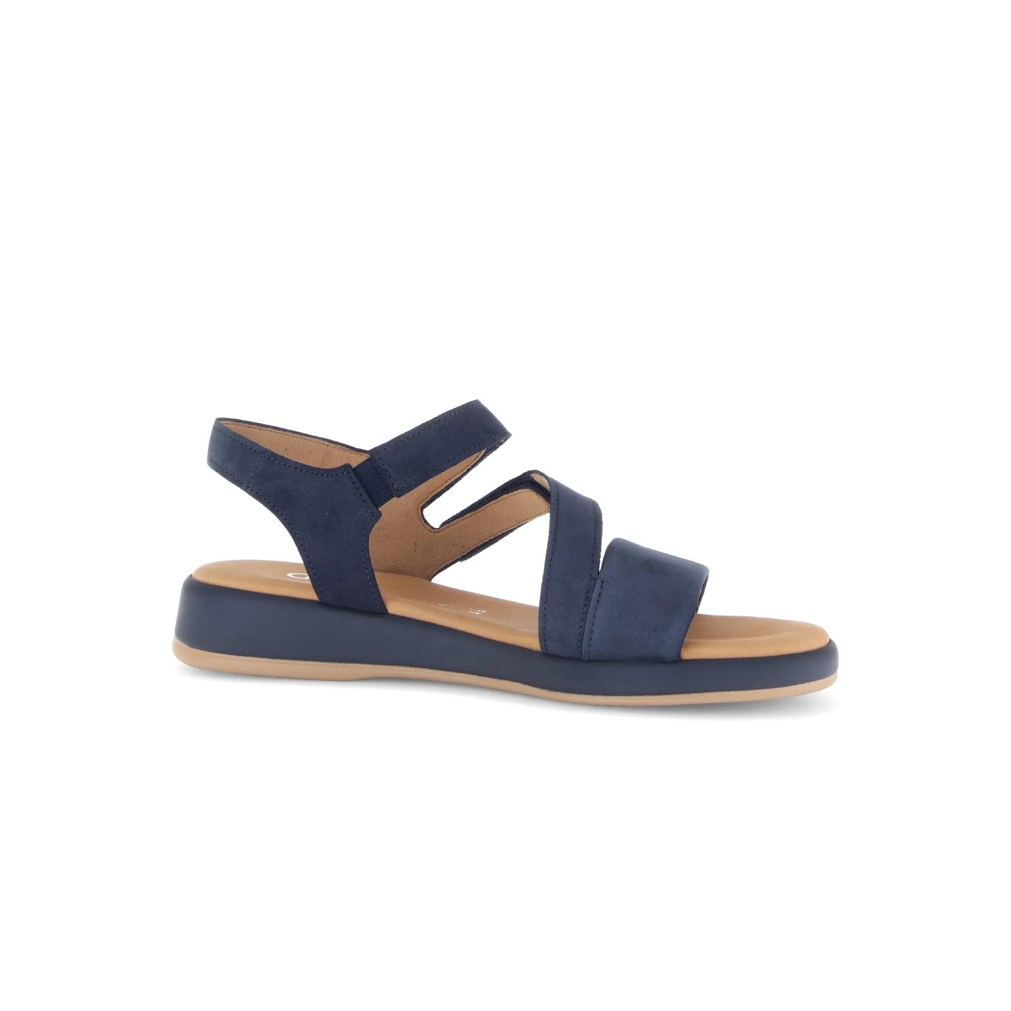 Blue nubuck sandals with touch fastening straps and a comfortable, contoured sole for casual summer wear.
