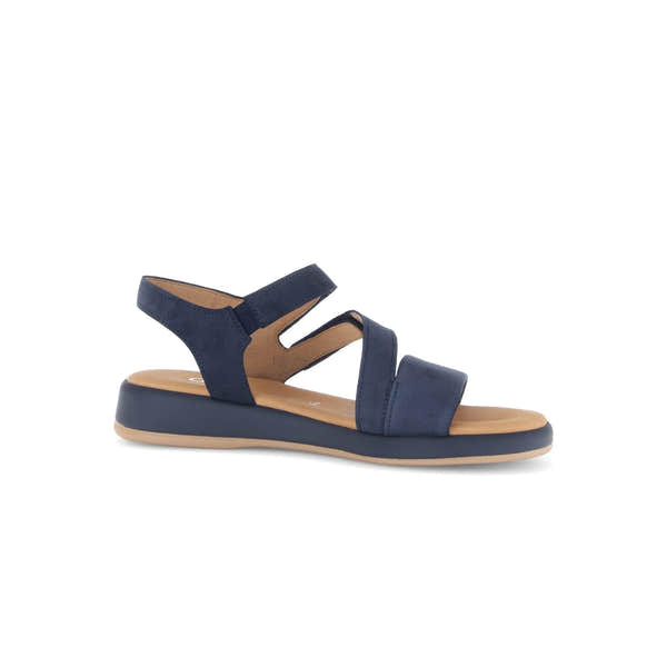 Blue nubuck sandals with touch fastening straps and a comfortable, contoured sole for casual summer wear.