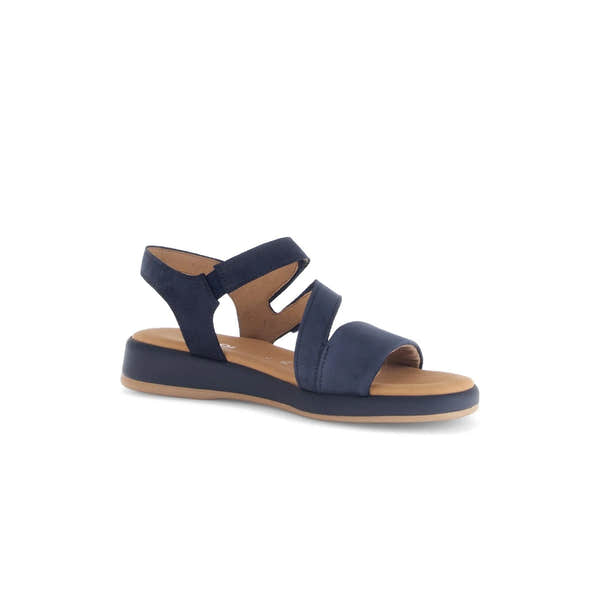 Blue nubuck touch fastening sandal with wide straps, cushioned insole, and a wedge sole.