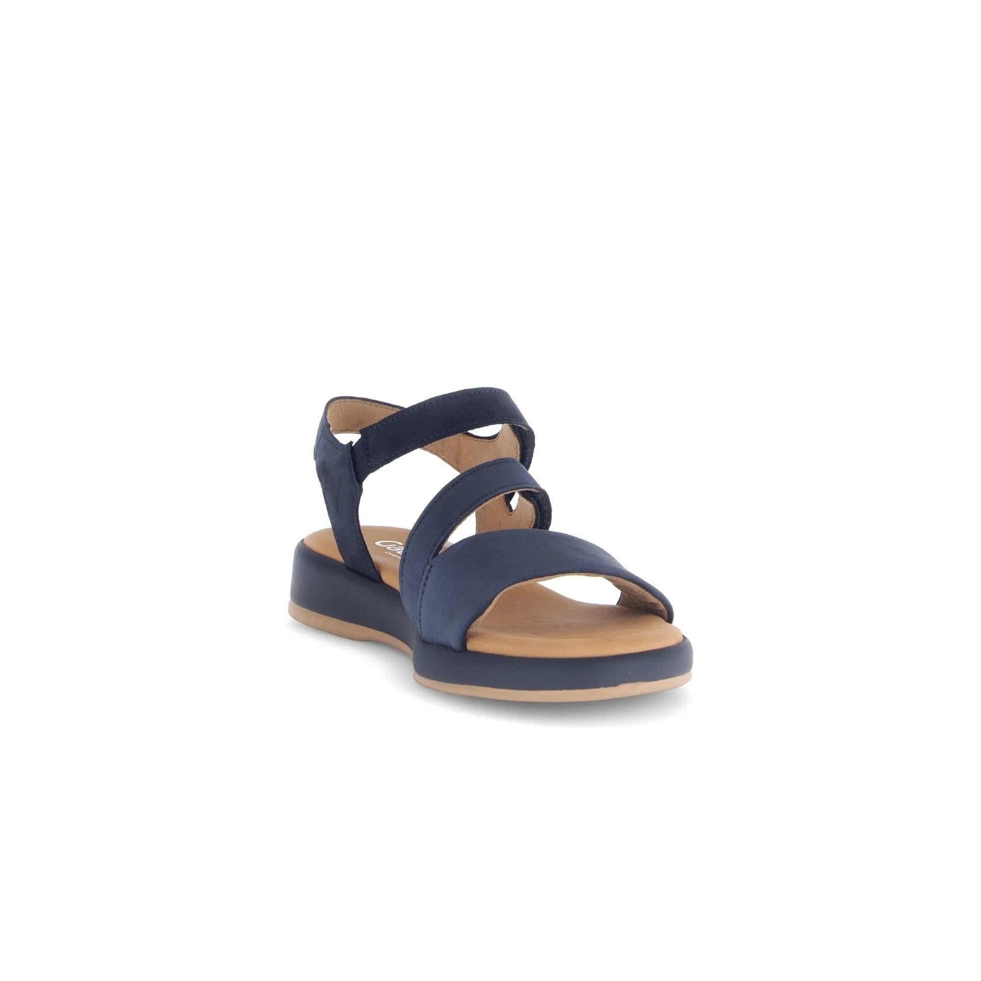 Blue nubuck touch fastening sandal with two straps, open toe, tan cushioned insole, and black wedge sole.