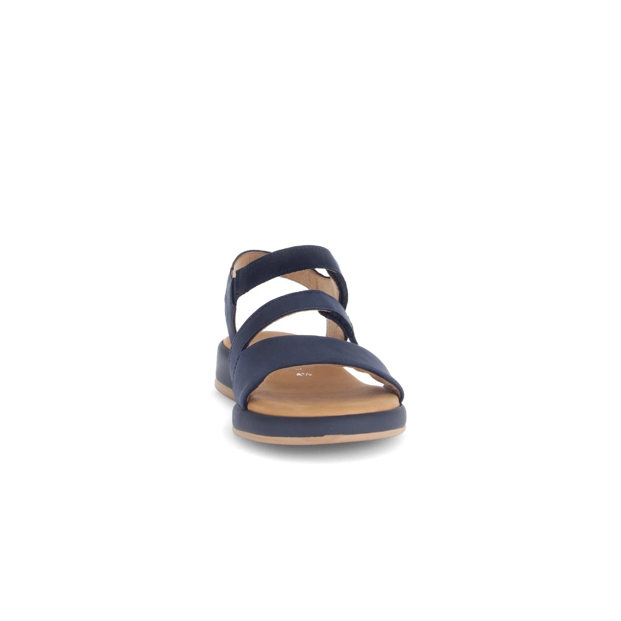 Blue nubuck touch-fastening sandals with three straps, cushioned footbed, and flat sole.