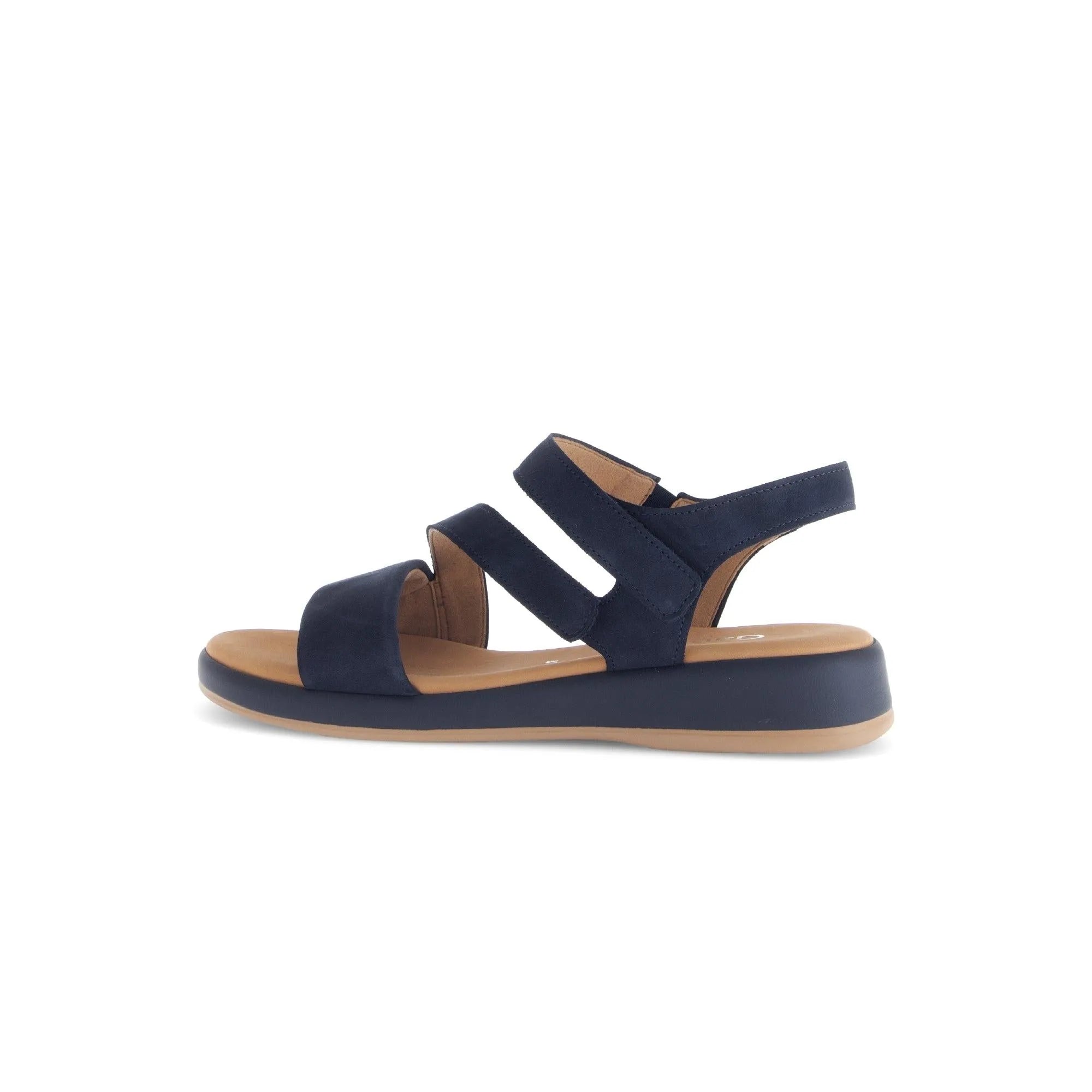 Blue nubuck sandals with touch fastening, three straps, and a cushioned sole for comfort and style.