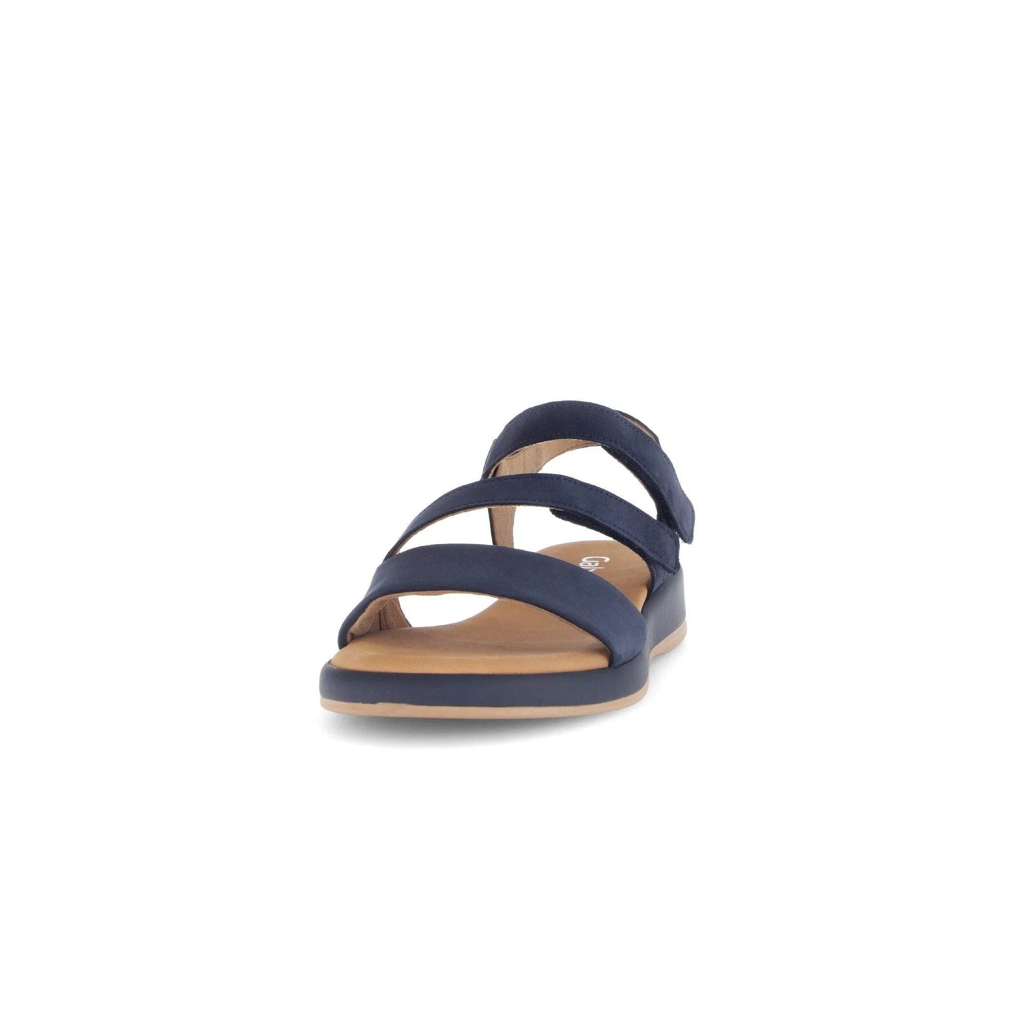 Blue nubuck touch fastening sandal with three straps and a beige footbed on a white background.
