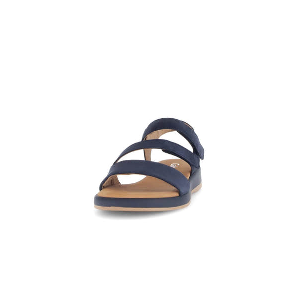 Blue nubuck touch fastening sandal with three straps and a beige footbed on a white background.
