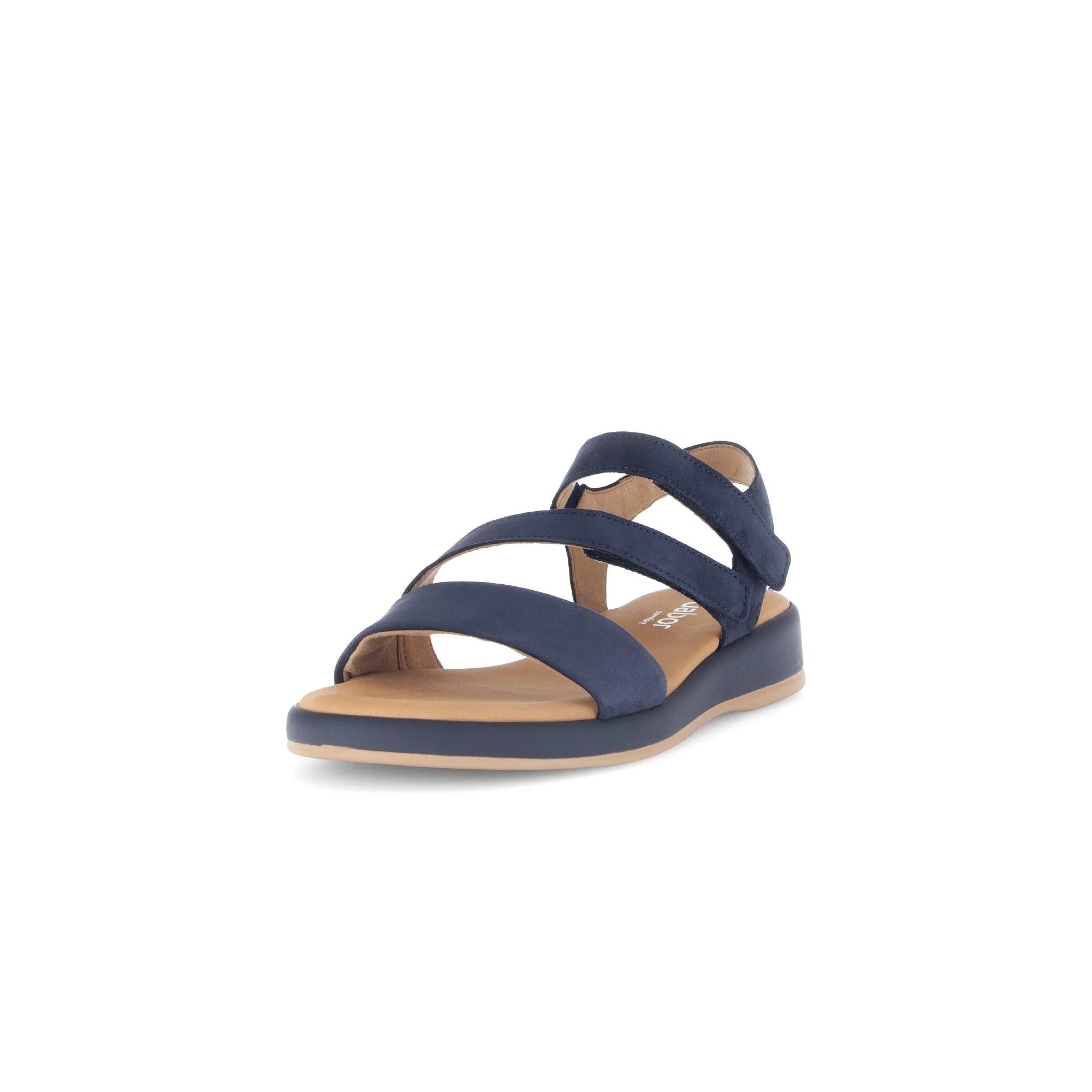 Gabor 82.733.36 Oporto ladies' blue nubuck touch fastening sandals with three straps and a beige footbed.