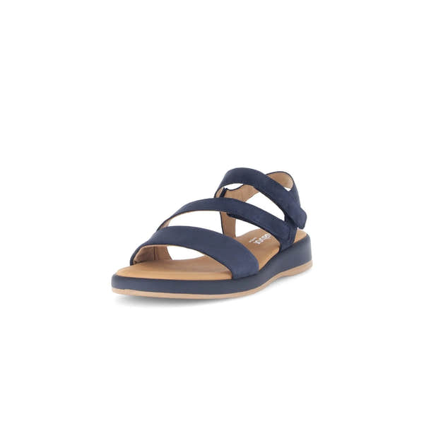 Gabor 82.733.36 Oporto ladies' blue nubuck touch fastening sandals with three straps and a beige footbed.