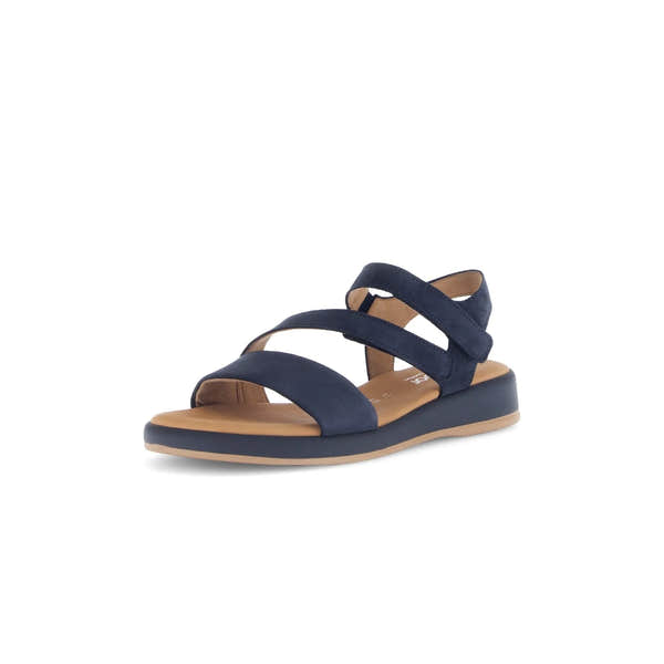 Blue nubuck touch fastening sandals with wide straps, cushioned beige footbed, and black sole.