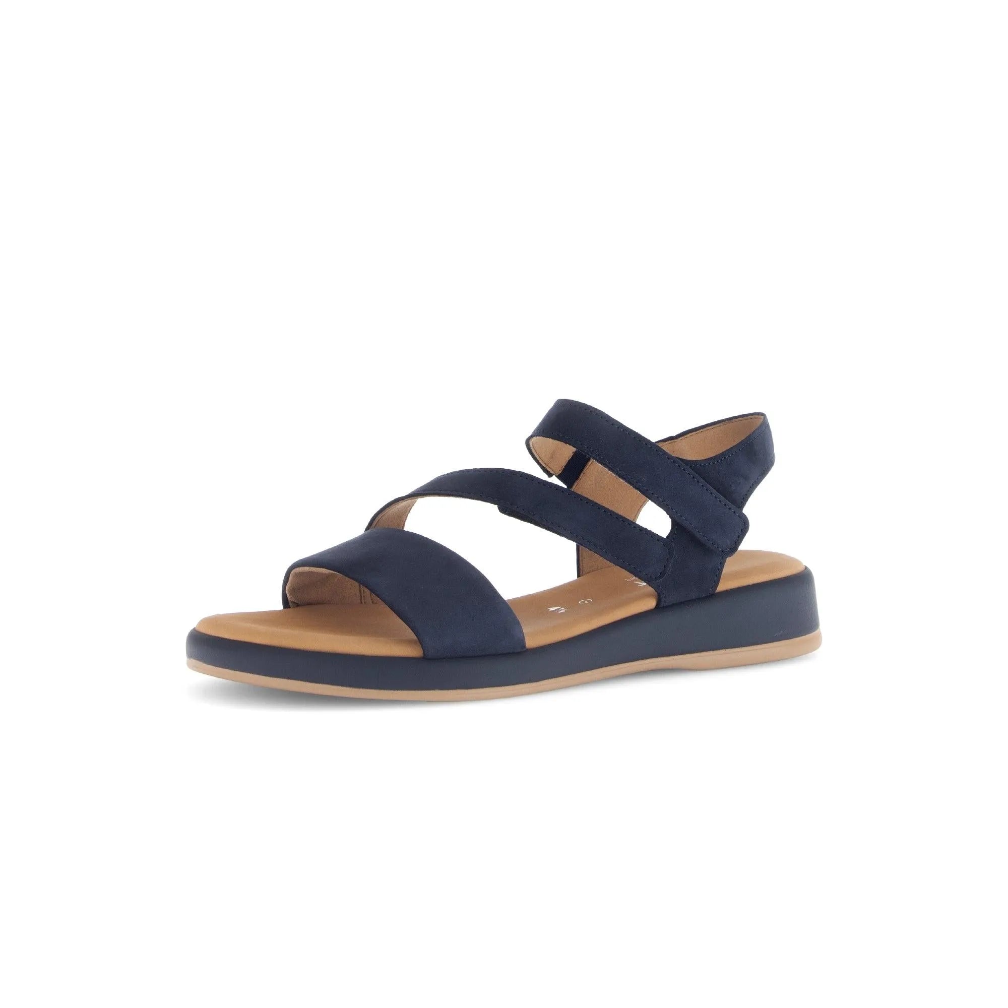 Gabor 82.733.36 Oporto ladies' navy nubuck touch fastening sandals with straps, cushioned sole, and low wedge heel.