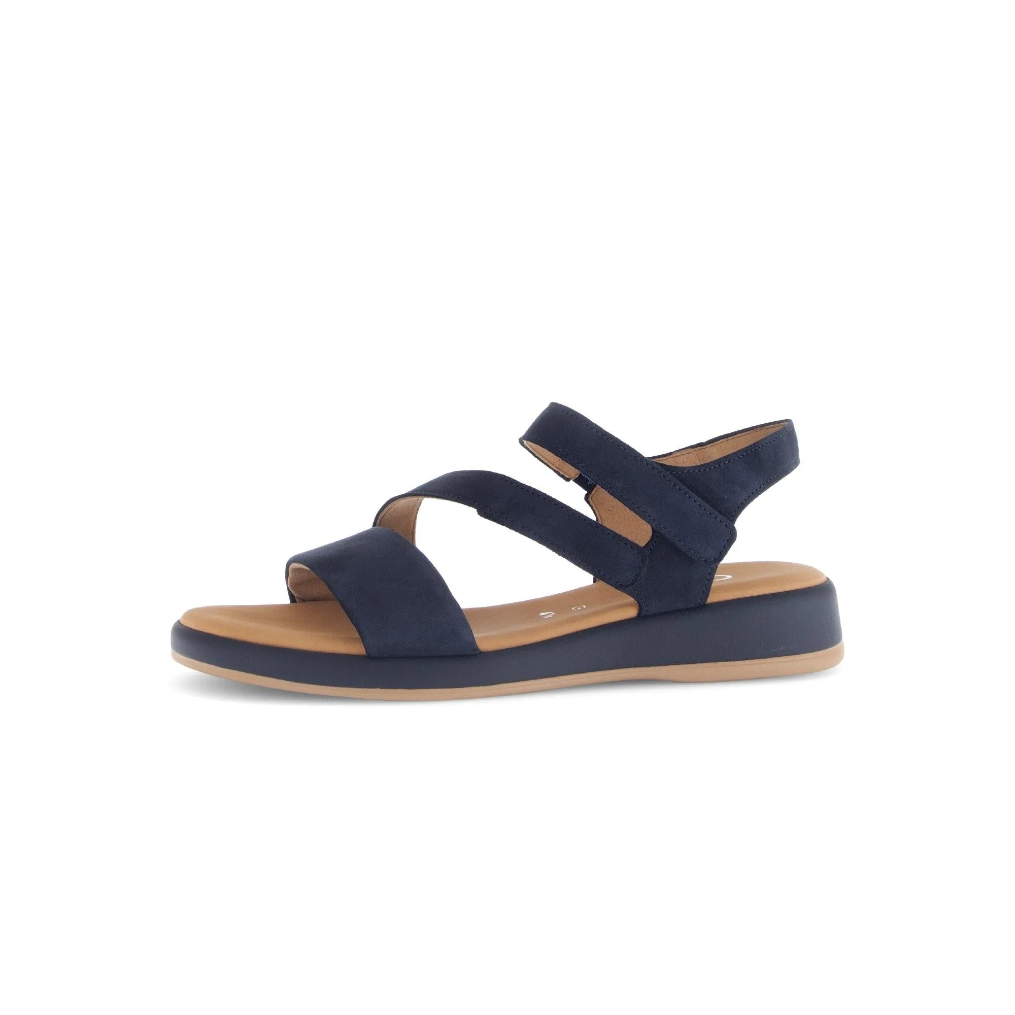 Gabor blue nubuck touch fastening sandal with cushioned insole and a black sole, designed for comfort and style.