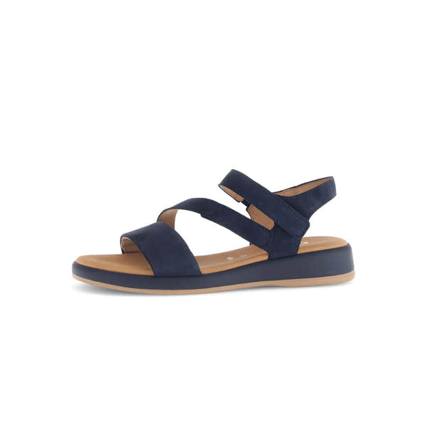Gabor blue nubuck touch fastening sandal with cushioned insole and a black sole, designed for comfort and style.