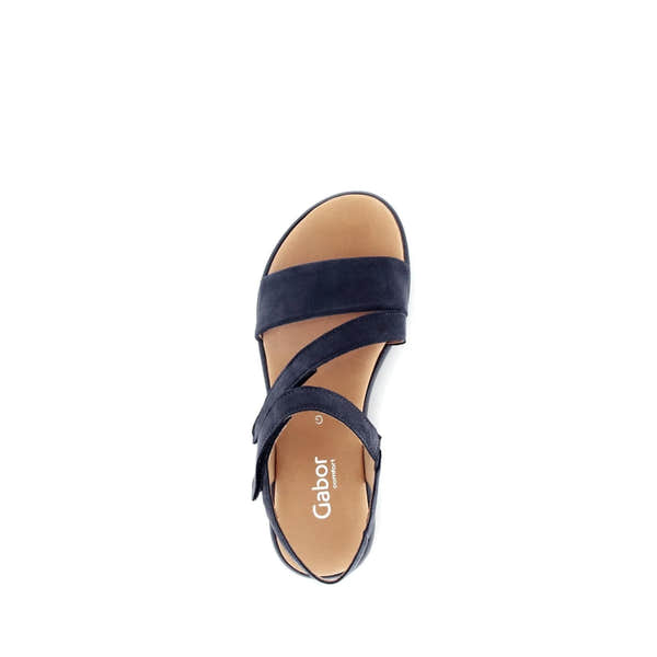 Blue nubuck Gabor sandals with touch fastening, featuring overlapping straps and a cushioned insole for comfort.