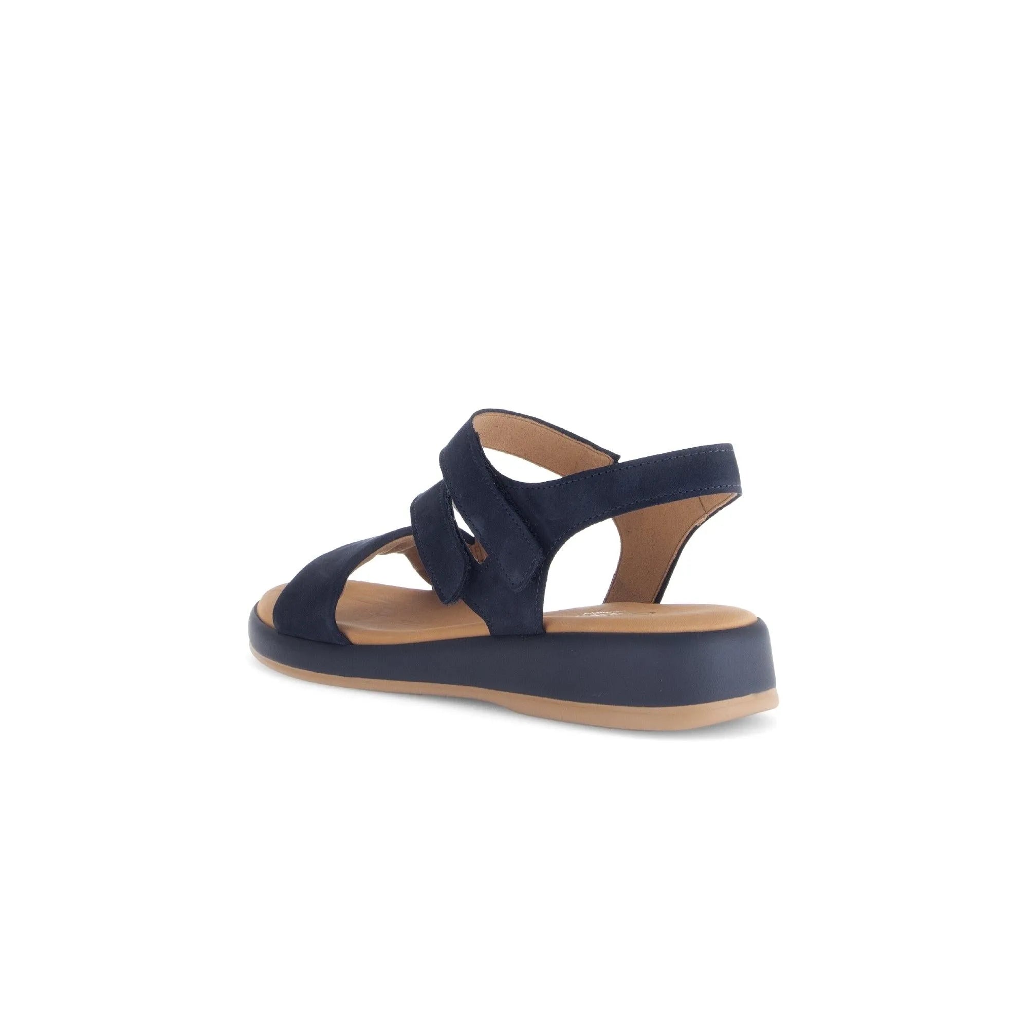 Blue nubuck touch fastening ladies' sandal with cushioned beige insole and black sole, featured from a side angle.
