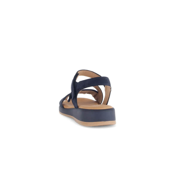 Gabor ladies' blue nubuck touch-fastening sandal with cushioned insole and black sole, viewed from the back.