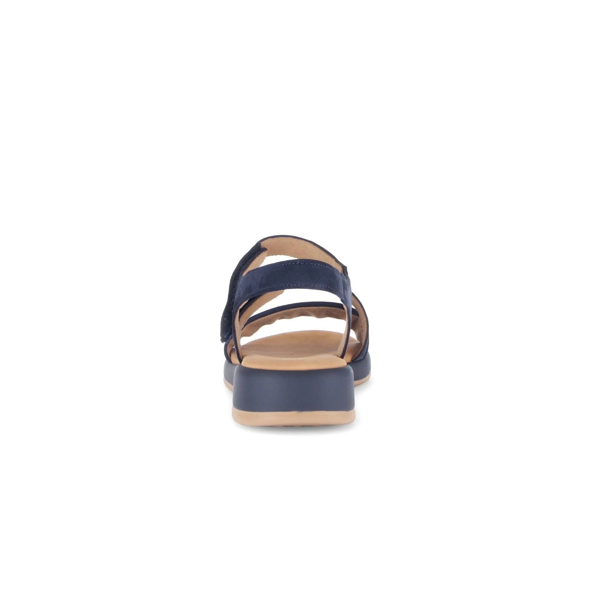 Blue nubuck sandals with touch fastening, open back design, and a casual block heel for comfort.
