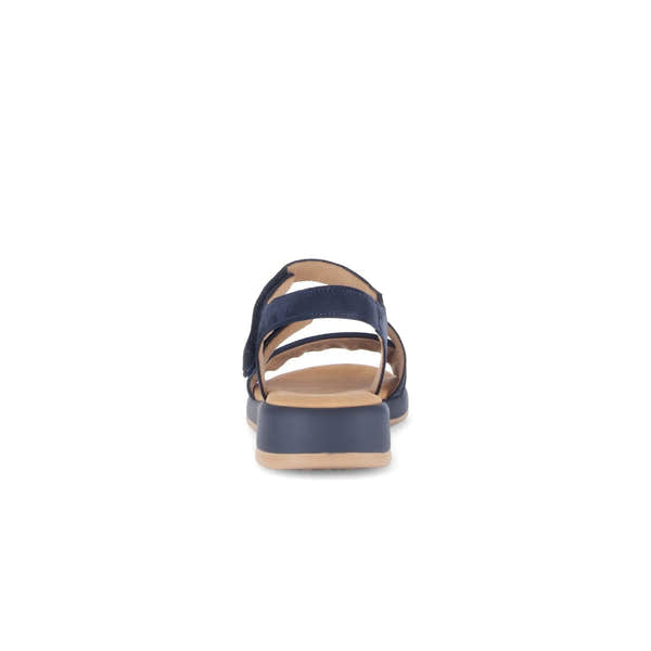 Blue nubuck sandals with touch fastening, open back design, and a casual block heel for comfort.