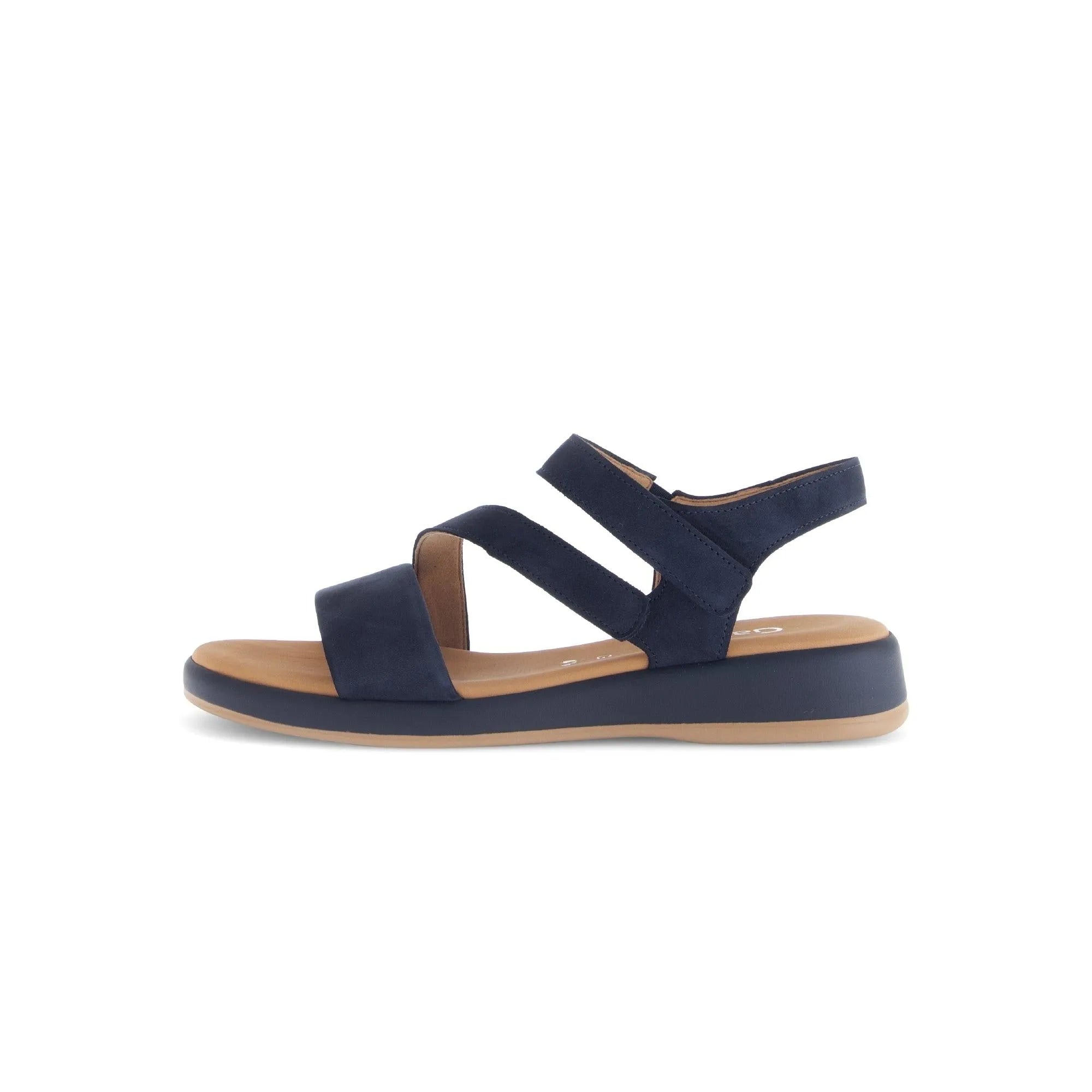 Gabor Oporto ladies blue nubuck touch fastening sandals with cushioned footbed and chunky sole.