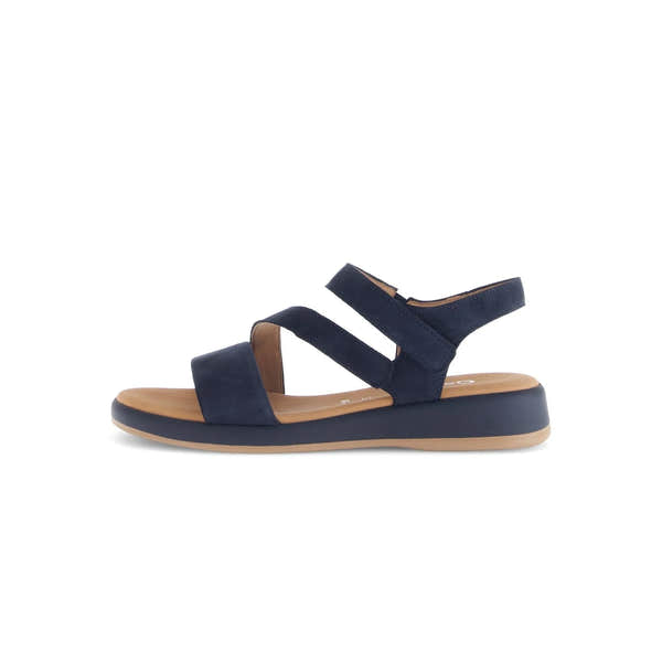 Gabor Oporto ladies blue nubuck touch fastening sandals with cushioned footbed and chunky sole.