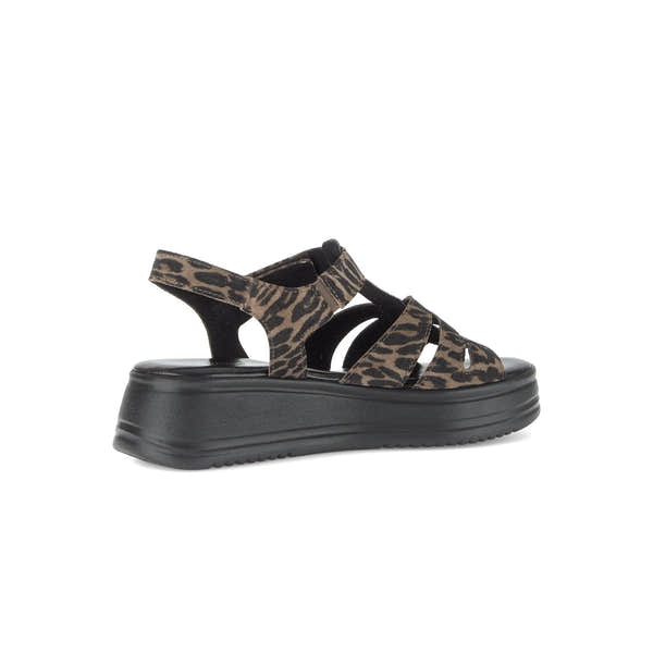 Gabor Abel Ladies Leopard Print Leather Touch Fastening Sandals with chunky black platform sole.