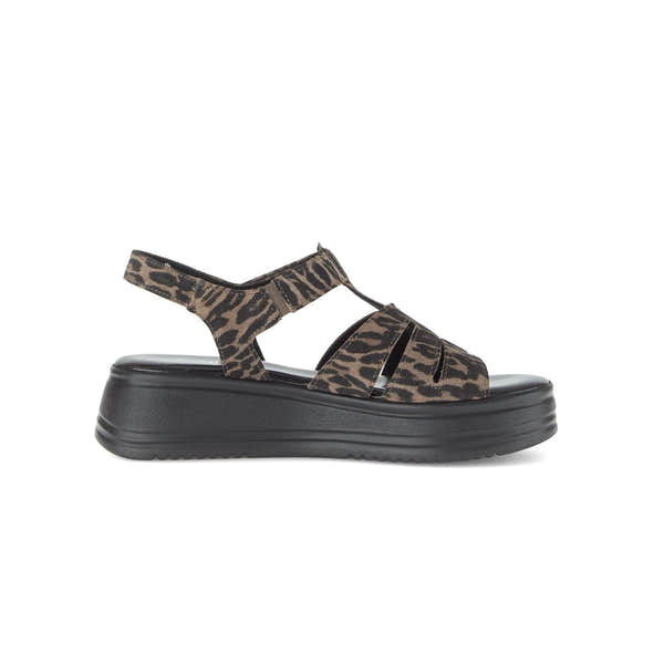 Gabor Abel ladies leopard print leather touch fastening sandals with chunky black platform sole.