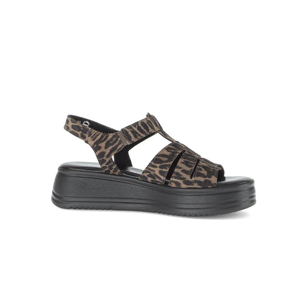 Gabor Abel women's leopard print leather touch fastening platform sandals with chunky black sole.