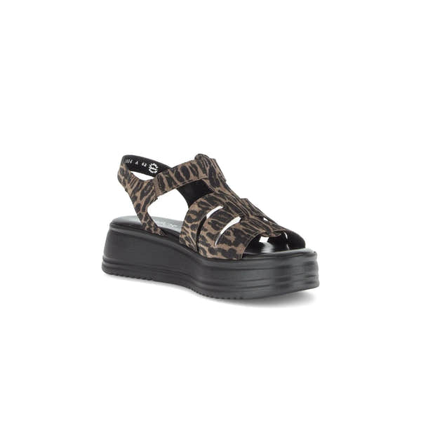Gabor Abel ladies leopard print leather touch fastening chunky sandals with thick black platform sole.