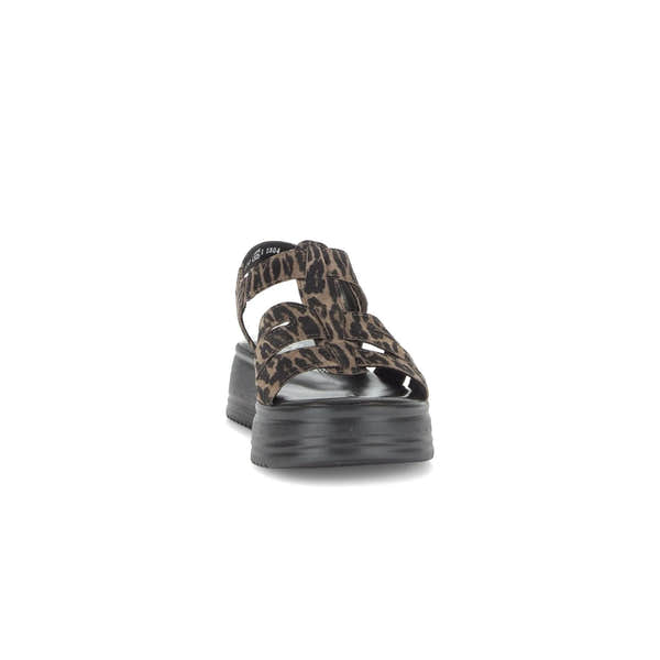 Gabor Abel women's leopard print leather touch fastening sandals with chunky black platform sole.