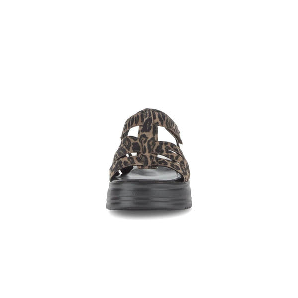 Gabor Abel women's leopard print leather touch fastening sandals with chunky black sole.