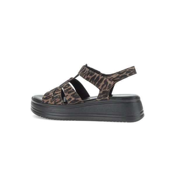 Gabor Abel women's leopard print leather touch fastening sandals with chunky black platform sole.