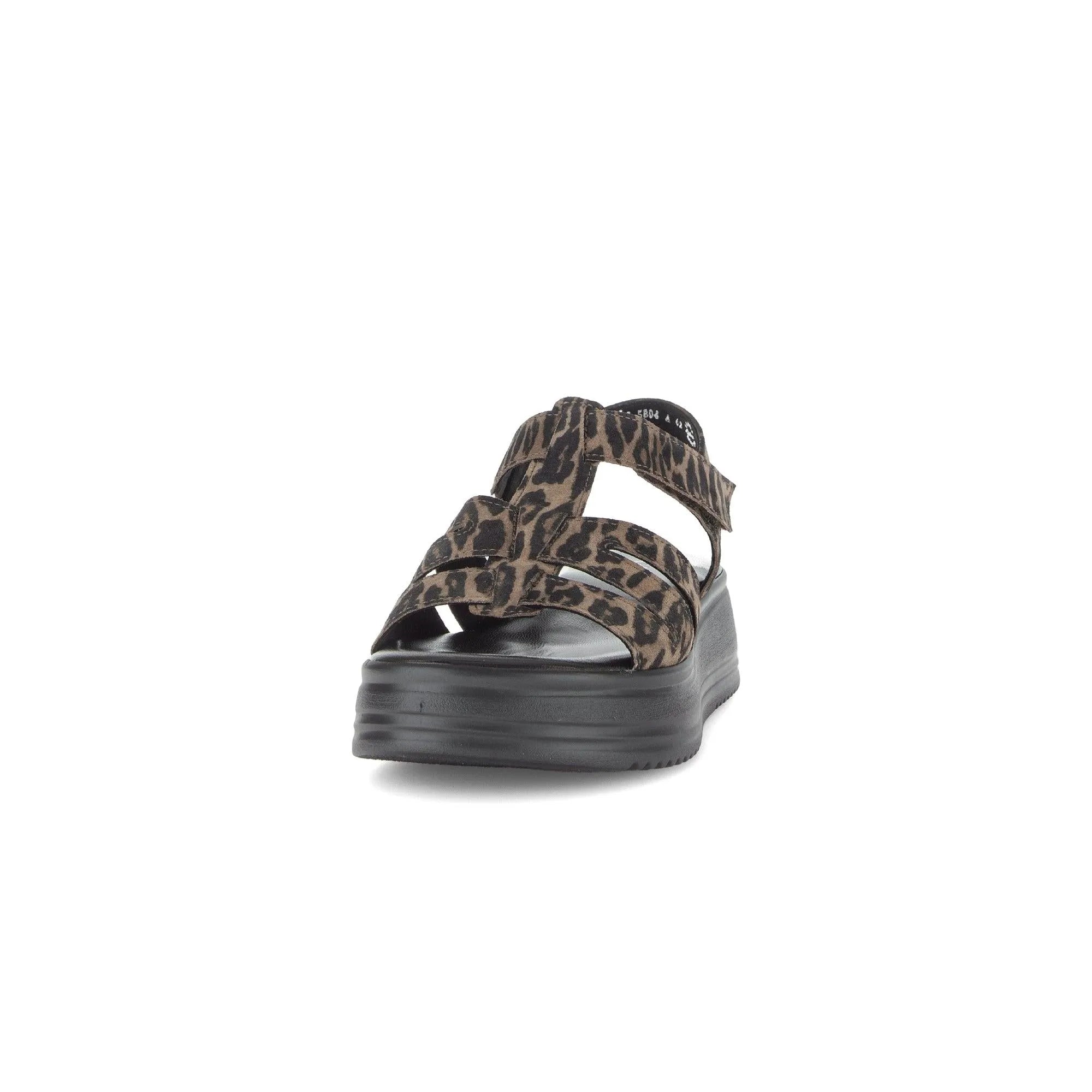 Gabor Abel ladies leopard print leather touch fastening sandals with chunky black sole.
