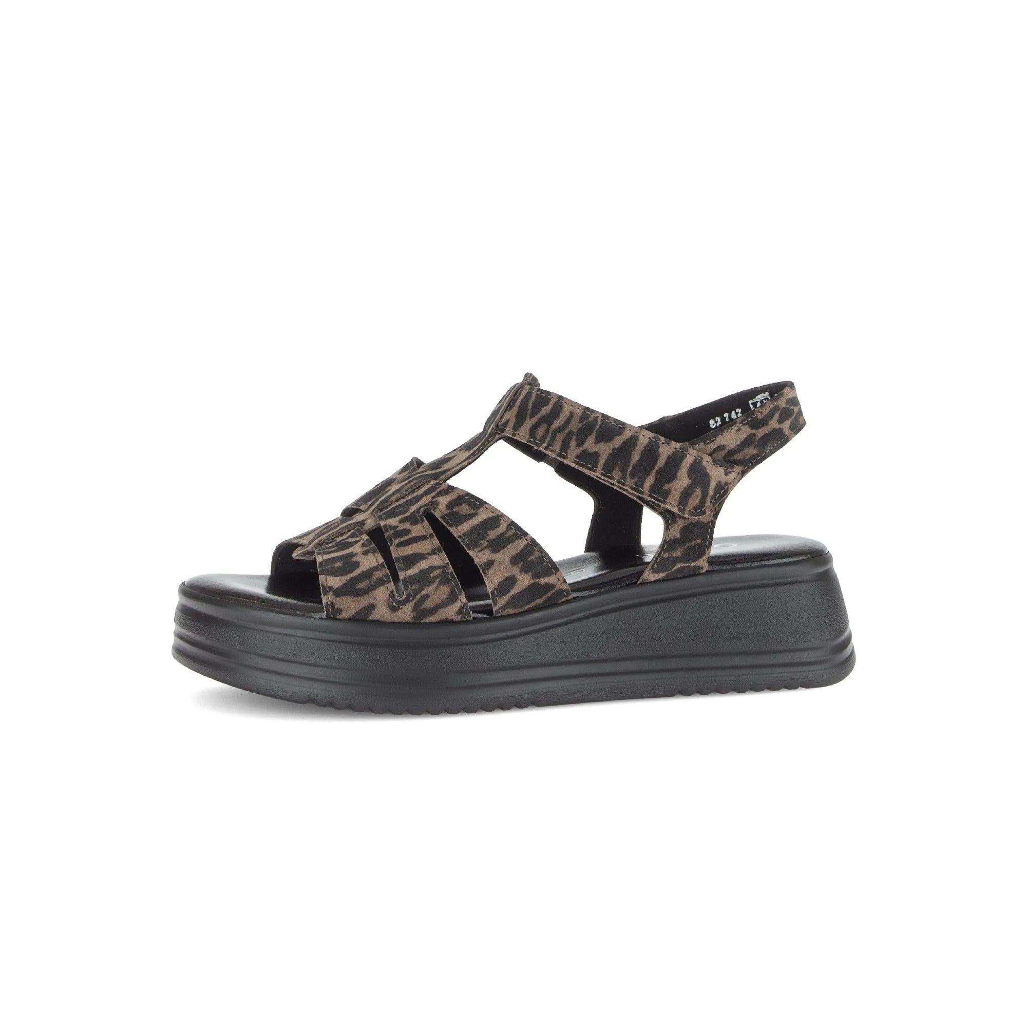 Gabor Abel women's leopard print leather touch fastening sandals with platform sole and open toe design.