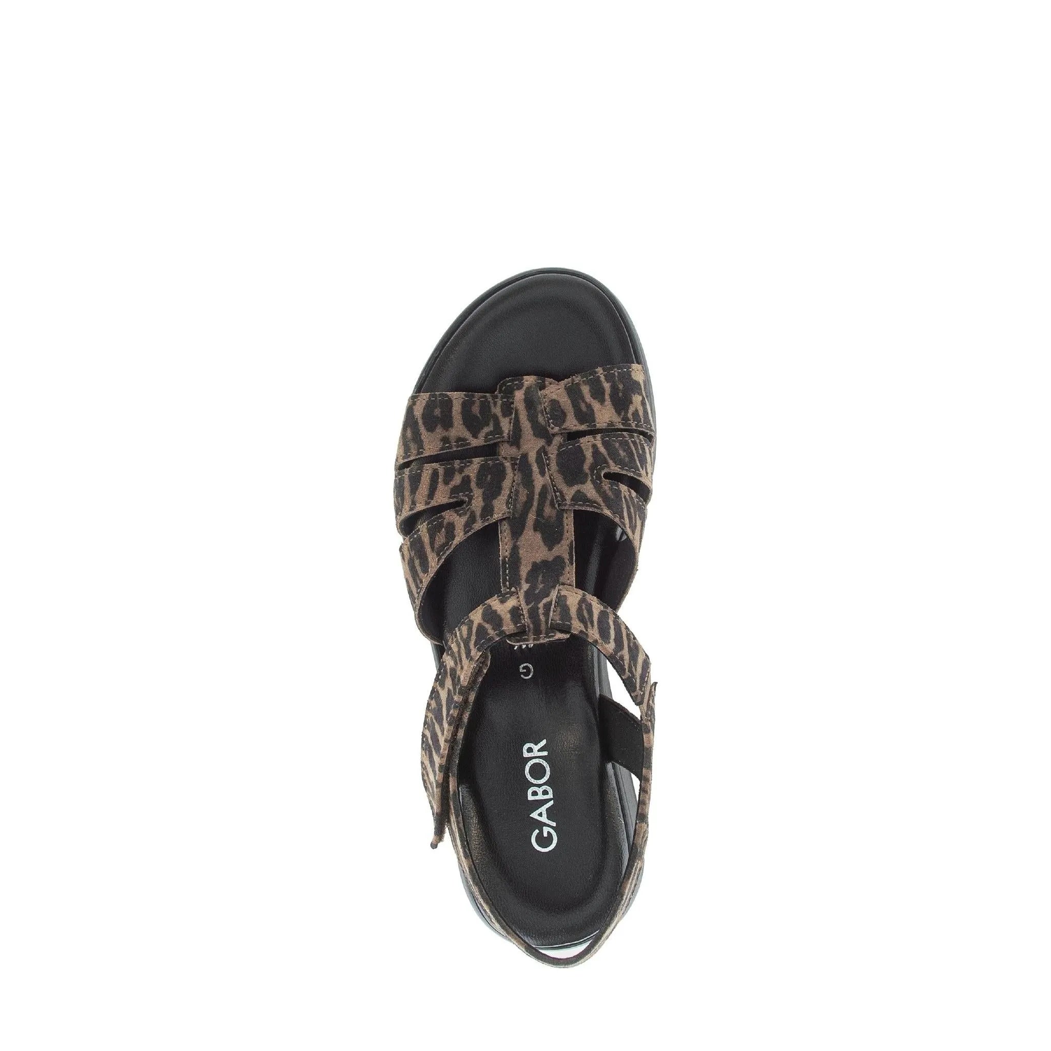 Gabor Ladies Leopard Print Leather Touch Fastening Sandals, open-toe design with adjustable straps and black sole.