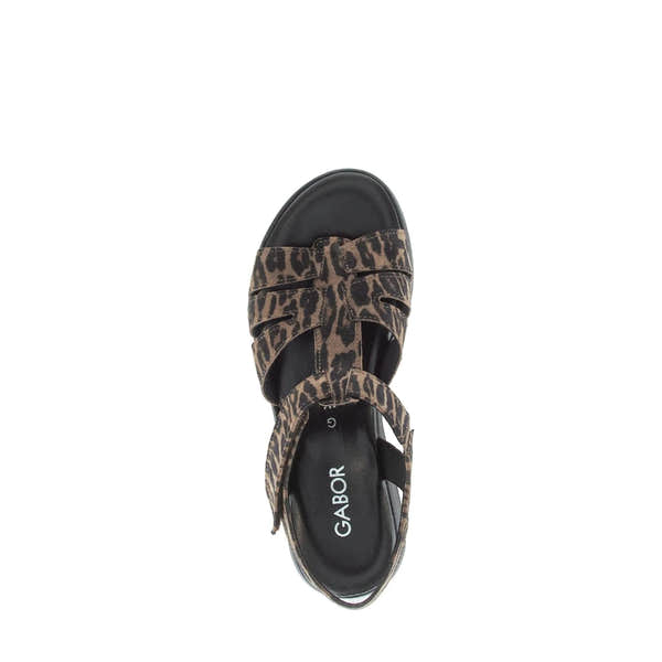Gabor Ladies Leopard Print Leather Touch Fastening Sandals, open-toe design with adjustable straps and black sole.